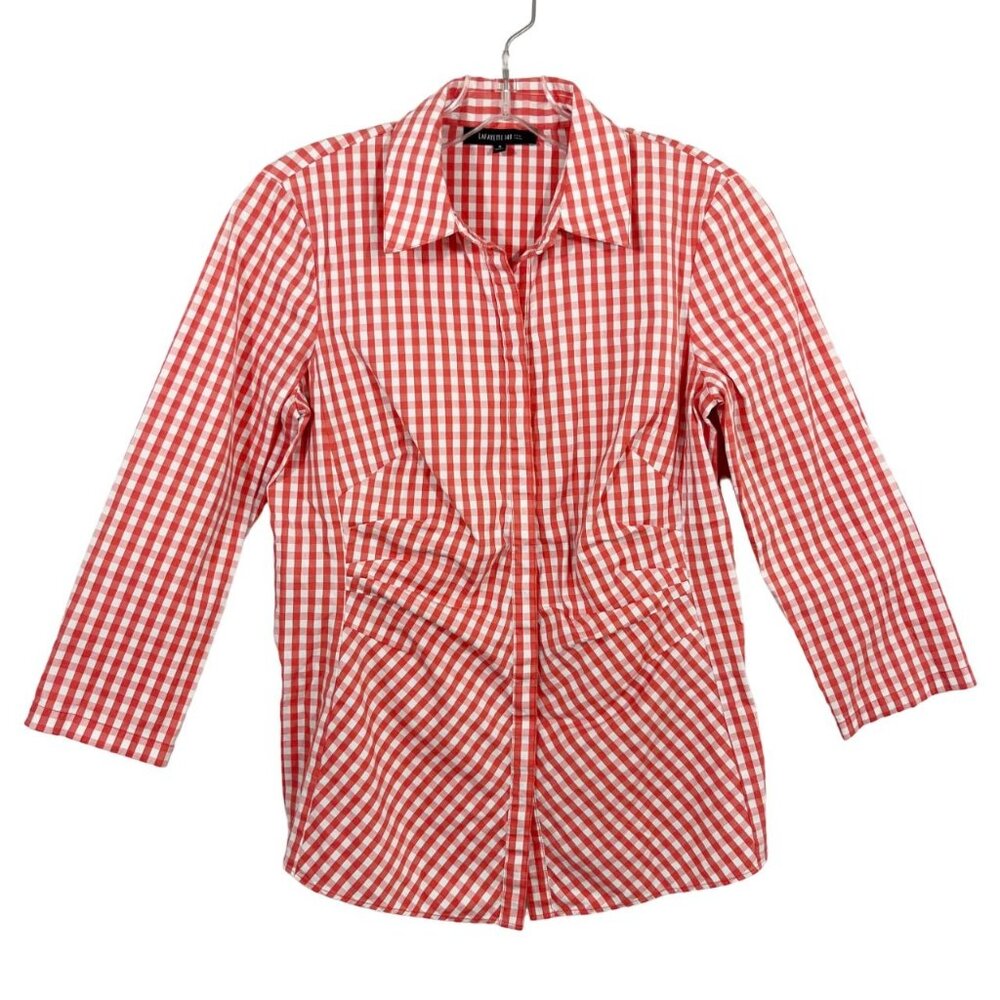 Lafayette 148 Orange Gingham Ruched Button Down Shirt Plaid - Women's Size 4‎ - Picture 1 of 7